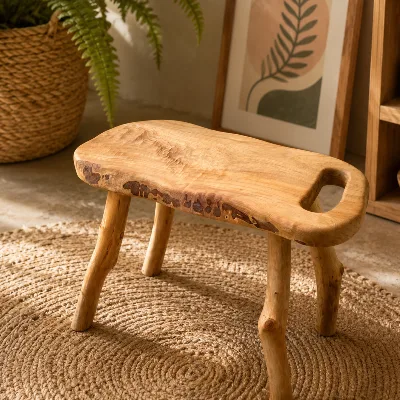 Stool (Handle) – Totara/Totara Sapling legs     Top 420 mm X 230 mm , Height  330 mm